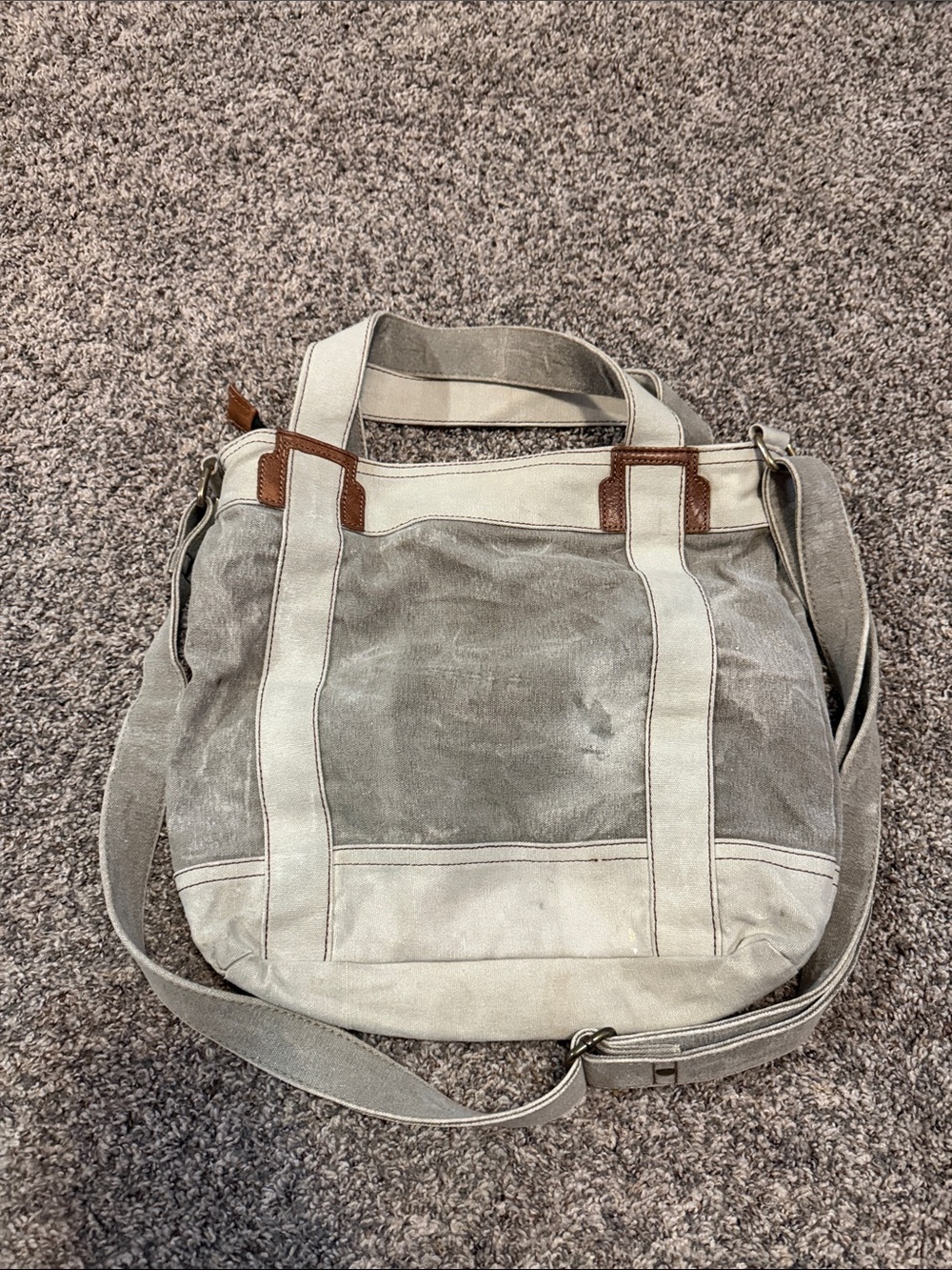 Mona B Recycled Canvas Crossbody Tote in Light Gray and Cream with Brown Trim - Picture 5 of 6